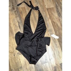 New $132 ZINKE one piece halter ruffle bathing suit black journelle